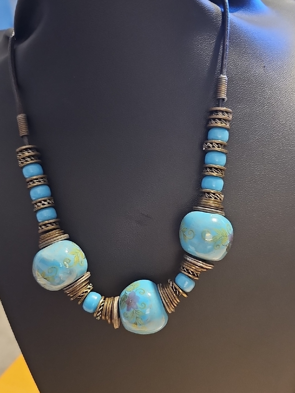 Chunky Turquoise Floral Bead Artison Designer Statement Necklace - Women Jewelry